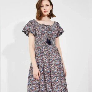 Tory Burch Wildflower Tiered Off Shoulder Smoked Navy Pipping Midi Dress S $498